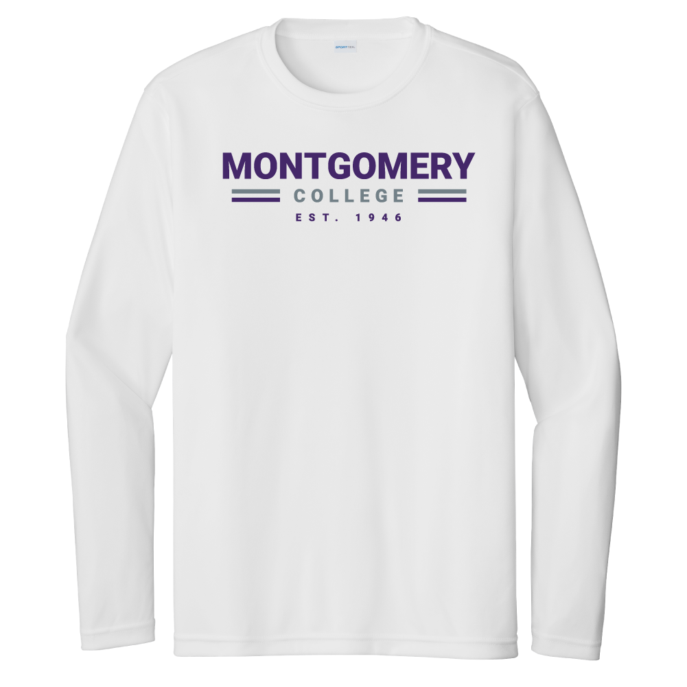 Long Sleeve Performance Tee, White Montgomery College Campus Store