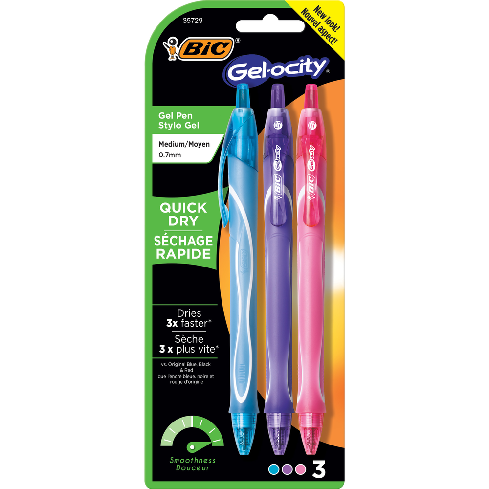 Gel-ocity Quick Dry Retractable Gel Pen .7mm Asst 3Pk BP