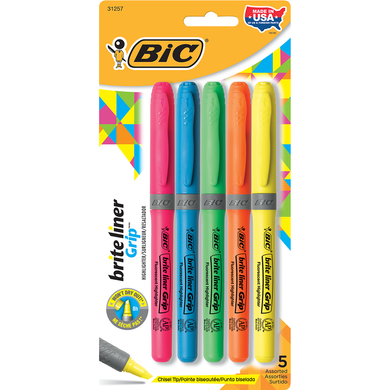Bic Brite Liner Grip Pen Style Highlighter Asst Chisel 5Pk BP