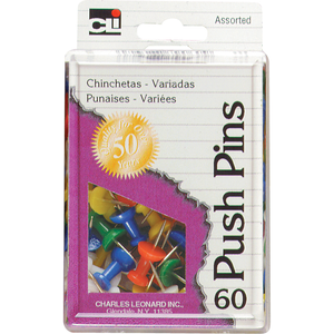 Charles Leonard Push Pins Asst .44in 60Ct Box Reusable Box