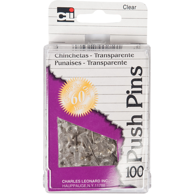Charles Leonard Push Pins Clear .44in 100Ct Box Reusable Box